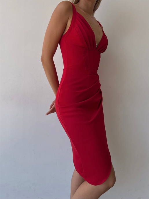 Göğüs Dekolteli Drapeli Mini Korse Aleah Kadın Kırmızı Elbise 22K000544