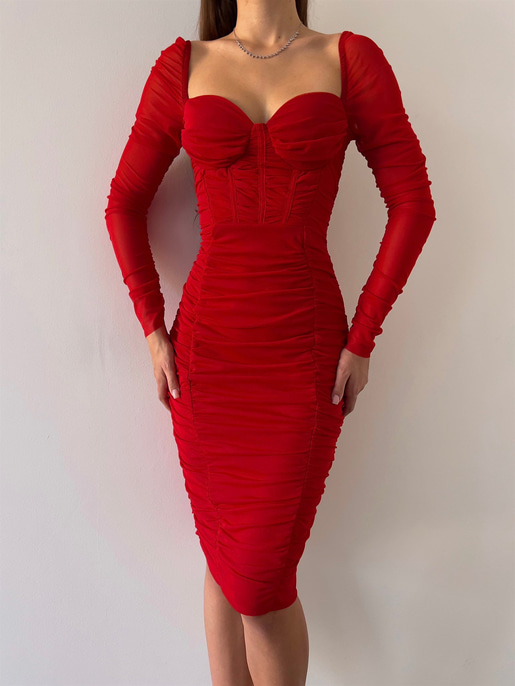 Göğüs Gloplu Omuz Lastikli Uzun Tül Kol Drapeli Linnaeus Kırmızı Kadın Mini Elbise 23K000103