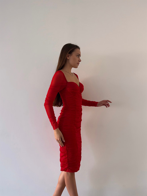 Göğüs Gloplu Omuz Lastikli Uzun Tül Kol Drapeli Linnaeus Kırmızı Kadın Mini Elbise 23K000103