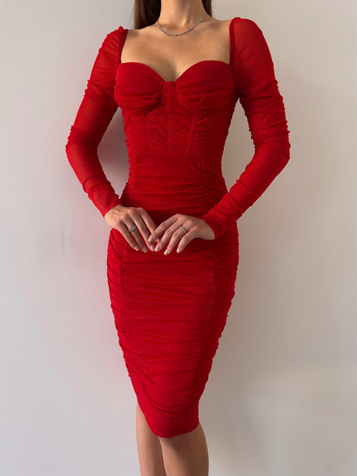 Göğüs Gloplu Omuz Lastikli Uzun Tül Kol Drapeli Linnaeus Kırmızı Kadın Mini Elbise 23K000103
