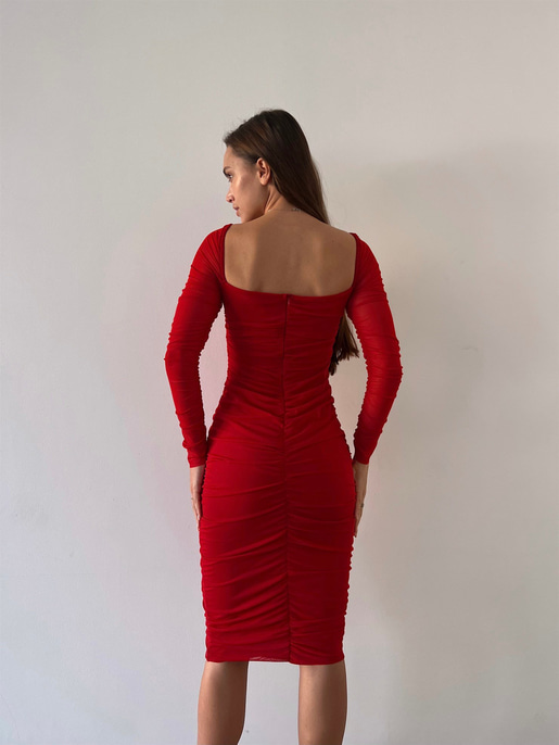 Göğüs Gloplu Omuz Lastikli Uzun Tül Kol Drapeli Linnaeus Kırmızı Kadın Mini Elbise 23K000103