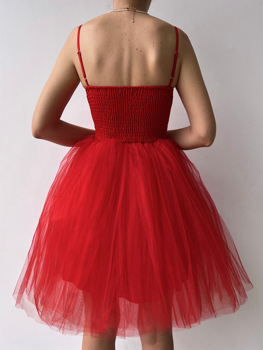 Göğüs Kuplu Mini Tütü Etekli Natale Kadın Kırmızı Tül Elbise 22Y000308