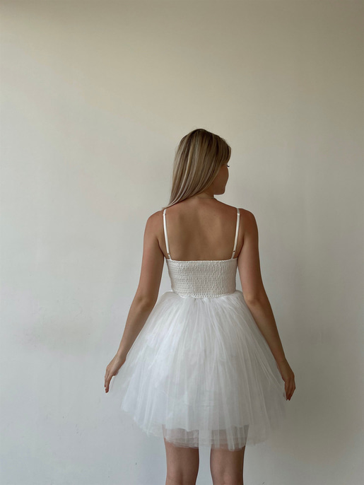 Göğüs Kuplu Mini Tütü Etekli Natale Kadın Beyaz Tül Elbise 22Y000308