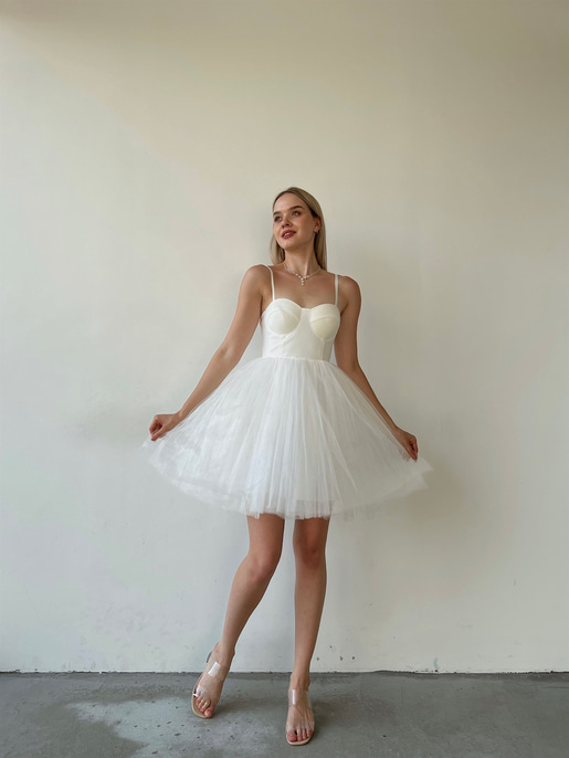 Göğüs Kuplu Mini Tütü Etekli Natale Kadın Beyaz Tül Elbise 22Y000308