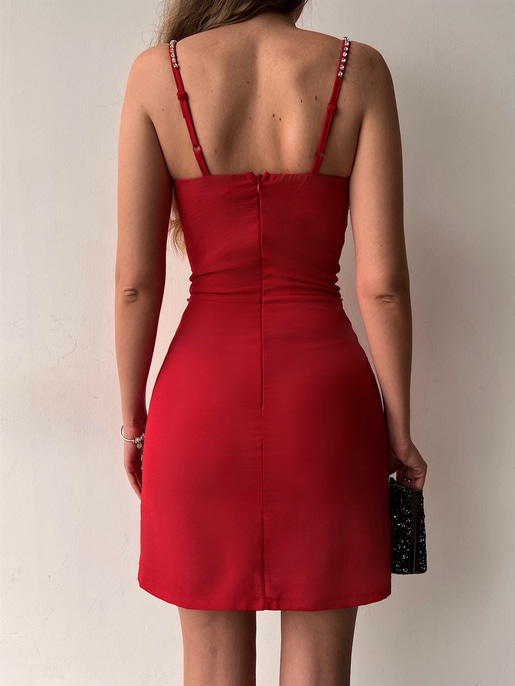 Göğüs Kuplu  Önü Taş İşlemeli Raquel Kadın Kırmızı Mini Elbise 22Y000135