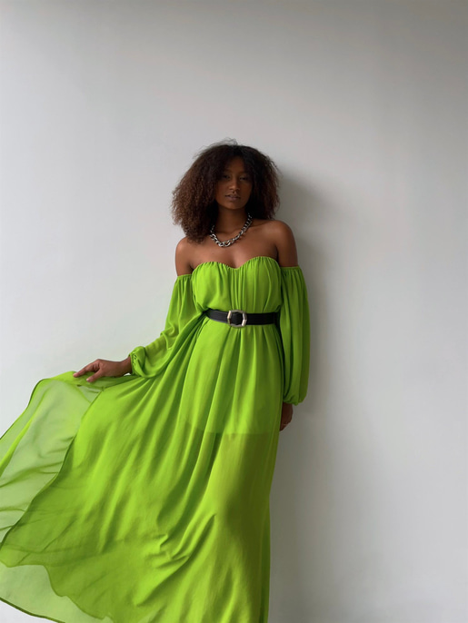 Göğüs Kuplu Şifon Çift Yırtmaçlı Uzun Severus Kadın Yeşil Elbise 22Y000417