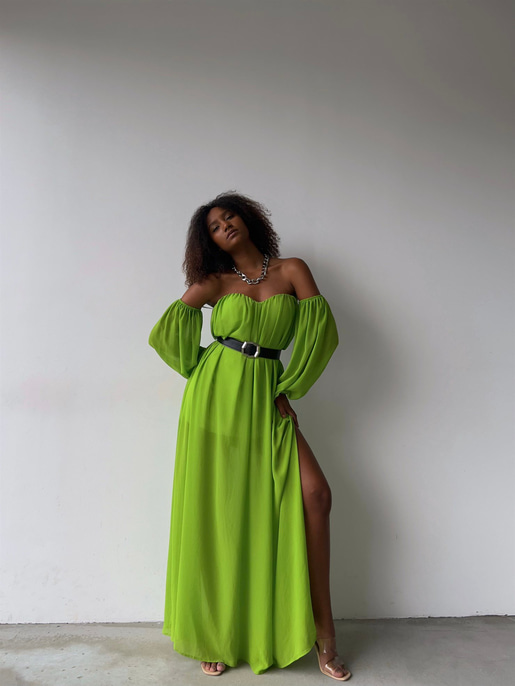 Göğüs Kuplu Şifon Çift Yırtmaçlı Uzun Severus Kadın Yeşil Elbise 22Y000417