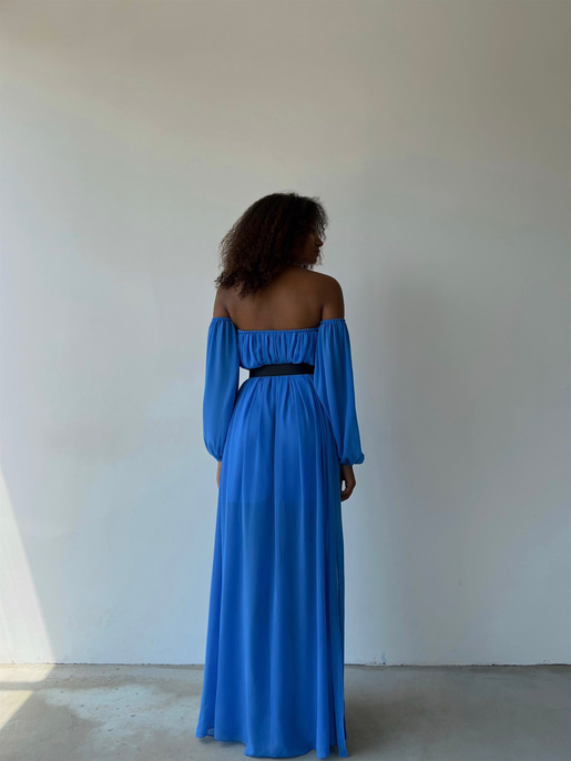 Göğüs Kuplu Şifon Çift Yırtmaçlı Uzun Severus Kadın Mavi Elbise 22Y000417