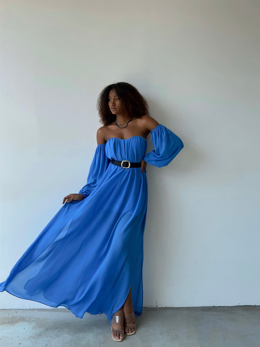 Göğüs Kuplu Şifon Çift Yırtmaçlı Uzun Severus Kadın Mavi Elbise 22Y000417