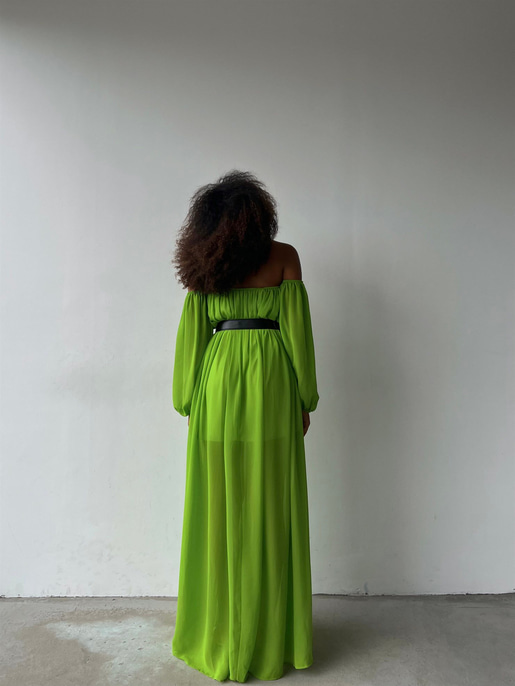 Göğüs Kuplu Şifon Çift Yırtmaçlı Uzun Severus Kadın Yeşil Elbise 22Y000417