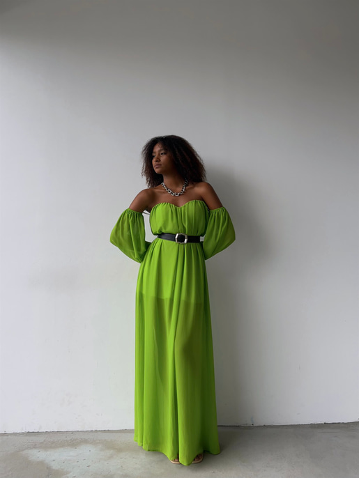 Göğüs Kuplu Şifon Çift Yırtmaçlı Uzun Severus Kadın Yeşil Elbise 22Y000417