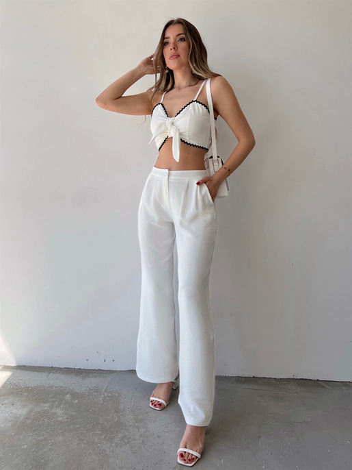 Göğüsü Bağcık Detay Crop Bol Paça Alt Mikayla Kadın Beyaz İkili Takım 22Y000254