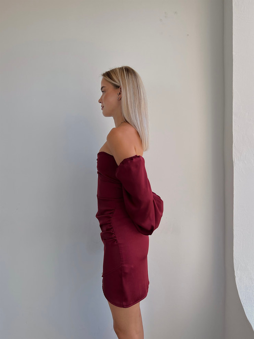 Göğüsü Büzgülü Düğme Detay Balon Kol Drape Aidenn Kadın Bordo Elbise 22Y000011