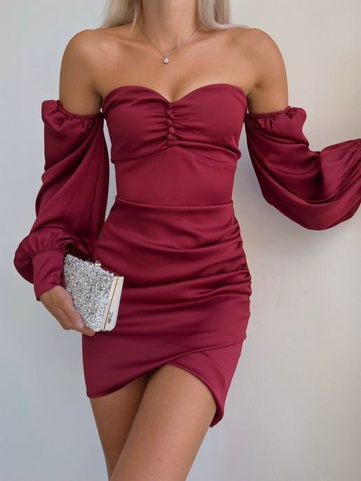 Göğüsü Büzgülü Düğme Detay Balon Kol Drape Aidenn Kadın Bordo Elbise 22Y000011