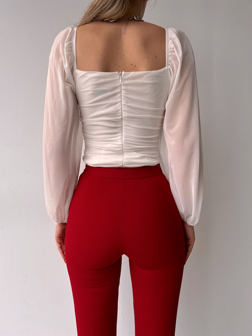 Göğüsü Kuplu Balon Tül Kol Büzgülü Brandy Kadın Beyaz Bodysuit 22Y000021