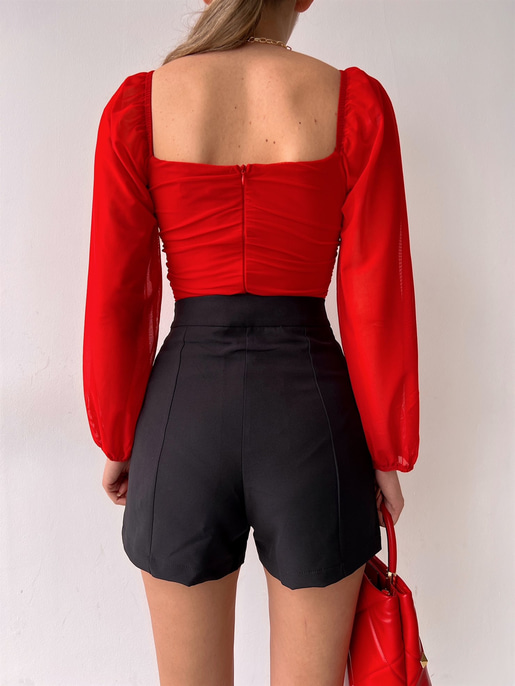 Göğüsü Kuplu Balon Tül Kol Büzgülü Brandy Kadın Kırmızı Bodysuit 22Y000021