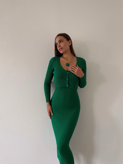 Hırkası Düğme Kapamalı Kalp Yaka Askılı Triko Milena Kadın Yeşil Midi Boy Takım Elbise 23K000157