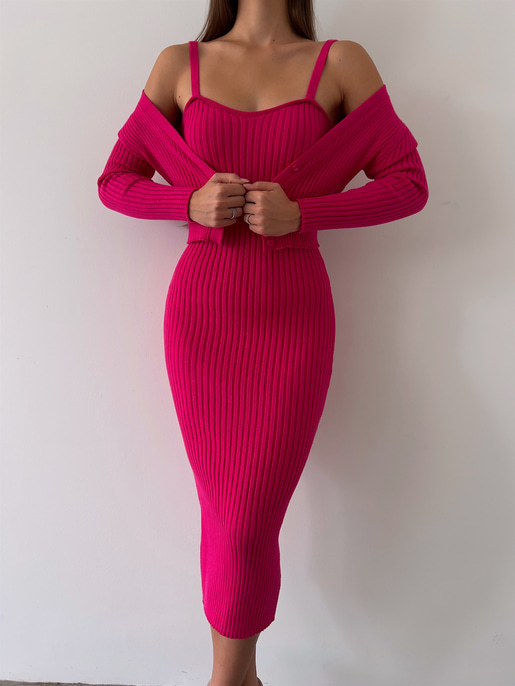 Hırkası Düğme Kapamalı Kalp Yaka Askılı Triko Milena Kadın Fuşya Midi Boy Takım Elbise 23K000157