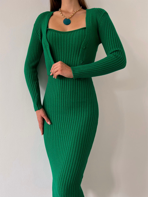 Hırkası Düğme Kapamalı Kalp Yaka Askılı Triko Milena Kadın Yeşil Midi Boy Takım Elbise 23K000157