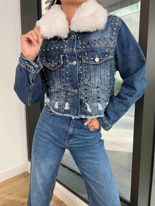 İçi Sökülebilir Kürklü Zımbalı Kadın Mavi Kot Ceket 24k000184