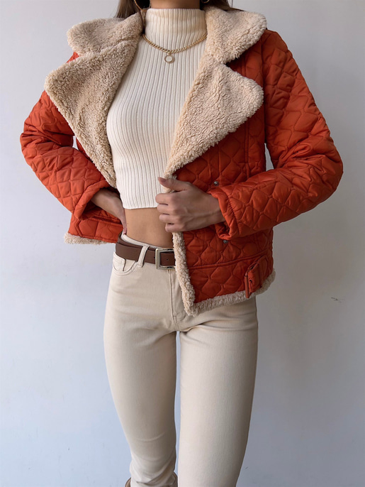 İçi Vegan Kürklü Çıtçıt Kapamalı Ve Kemerli Kapitone Jianna Kadın Turuncu Mont 23K000066