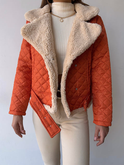 İçi Vegan Kürklü Çıtçıt Kapamalı Ve Kemerli Kapitone Jianna Kadın Turuncu Mont 23K000066