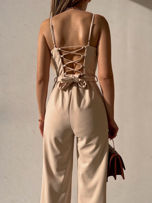 İnce Askı Göğüs Kuplu Geniş Paça Bethany Kadın Bej Renk Tulum 22Y000014