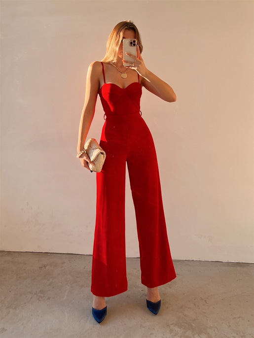 İnce Askı Göğüs Kuplu Geniş Paça Bethany Kadın Kırmızı Tulum 22Y000014