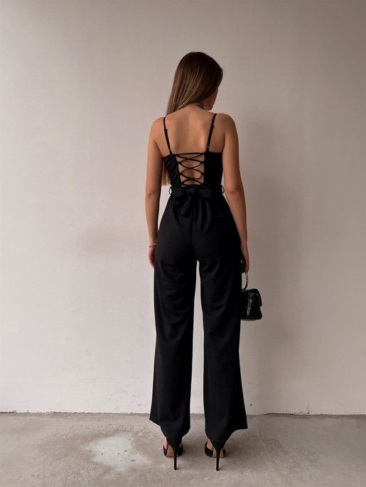 İnce Askı Göğüs Kuplu Geniş Paça Bethany Kadın Siyah Tulum 22Y000014