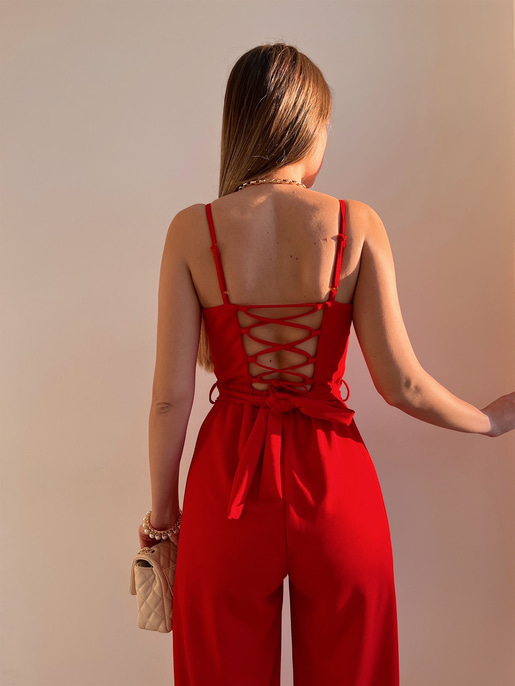 İnce Askı Göğüs Kuplu Geniş Paça Bethany Kadın Kırmızı Tulum 22Y000014