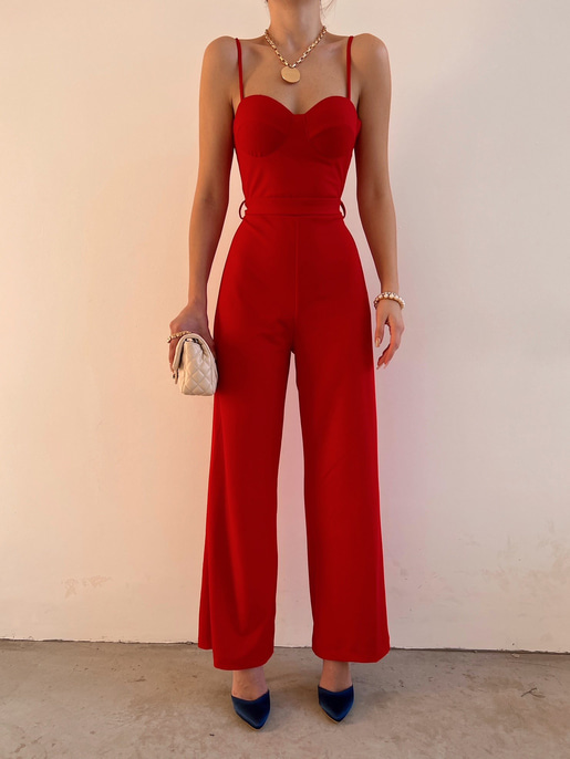 İnce Askı Göğüs Kuplu Geniş Paça Bethany Kadın Kırmızı Tulum 22Y000014