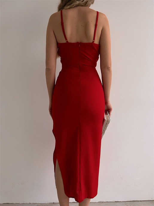 İnce Askı Kruvaze Yandan Yırtmaçlı Vanessa Kadın Kırmızı Elbise 22K000541