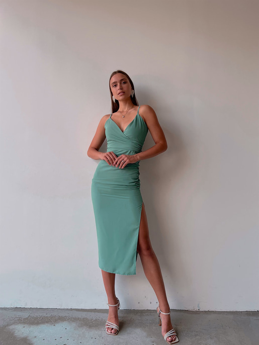 İnce Askı Kruvaze Yandan Yırtmaçlı Vanessa Kadın Mint Elbise 22K000541