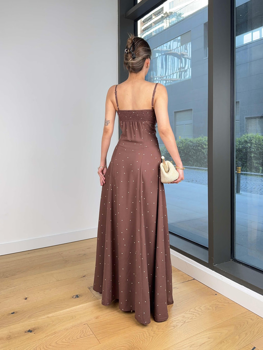 İnce Askılı Arkası Gipeli Nicoly Kahve Kadın Elbise 24Y104