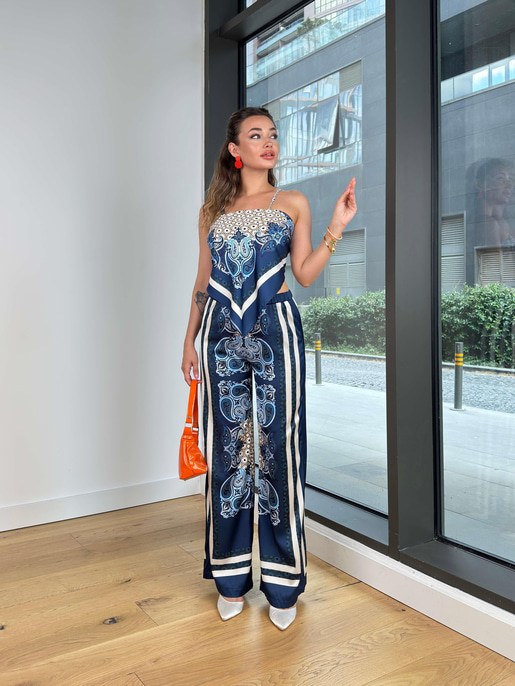 İnce Askılı Crop Yüksek Bel Bol Paça Pantolon Benico Mavi Kadın Desenli Takım 25Y454