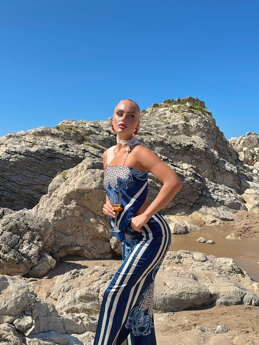 İnce Askılı Crop Yüksek Bel Bol Paça Pantolon Benico Mavi Kadın Desenli Takım 25Y454