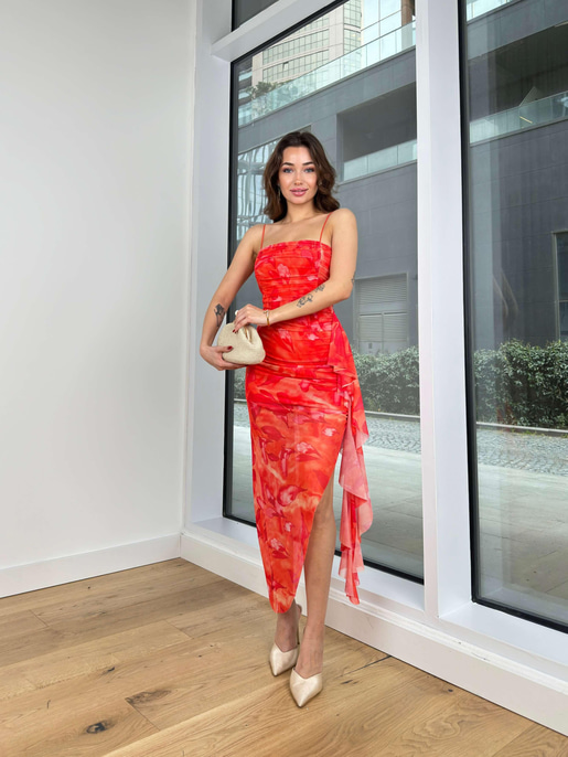 İnce Askılı Drapeli Fırfır Detaylı Dane Kadın Turuncu Elbise 24Y327