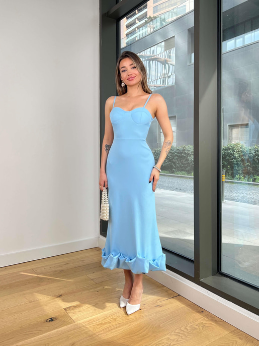 İnce Askılı Etek Ucu Volanlı Raha Kadın Bebe Mavisi Elbise 23Y000203