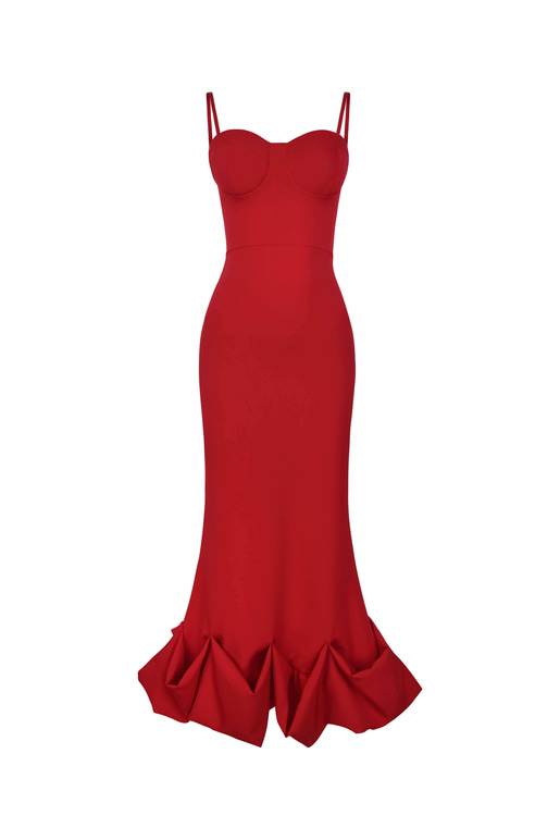 İnce Askılı Etek Ucu Volanlı Raha Kadın Kırmızı Elbise 23Y000203