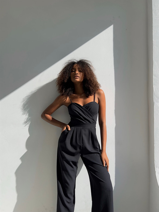 İnce Askılı Kruvaze Yaka Önü Pileli Zama Kadın Siyah Tulum 22Y000445