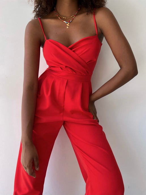 İnce Askılı Kruvaze Yaka Önü Pileli Zama Kadın Kırmızı Tulum 22Y000445