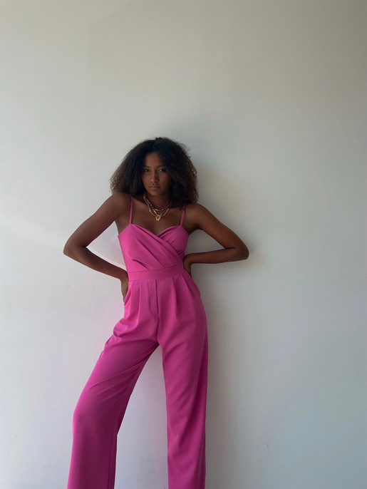 İnce Askılı Kruvaze Yaka Önü Pileli Zama Kadın Fuşya Tulum 22Y000445