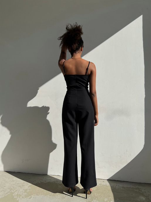 İnce Askılı Kruvaze Yaka Önü Pileli Zama Kadın Siyah Tulum 22Y000445