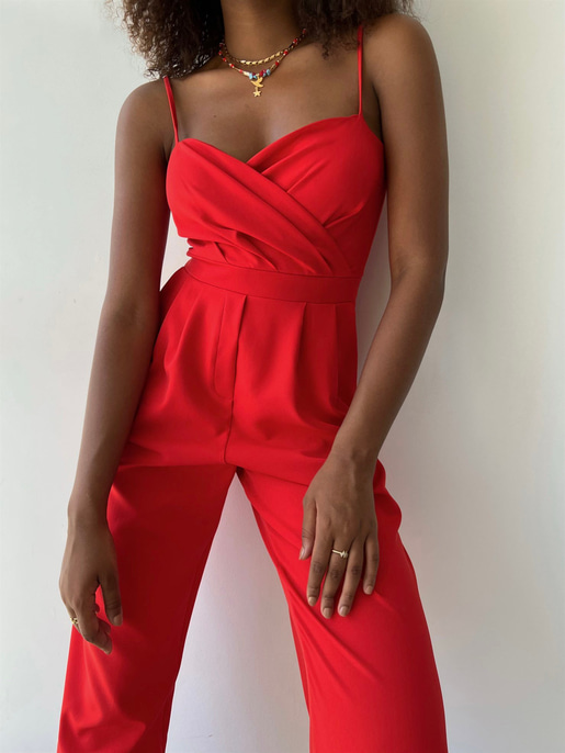 İnce Askılı Kruvaze Yaka Önü Pileli Zama Kadın Kırmızı Tulum 22Y000445