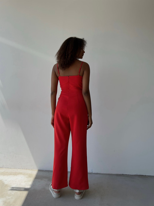 İnce Askılı Kruvaze Yaka Önü Pileli Zama Kadın Kırmızı Tulum 22Y000445