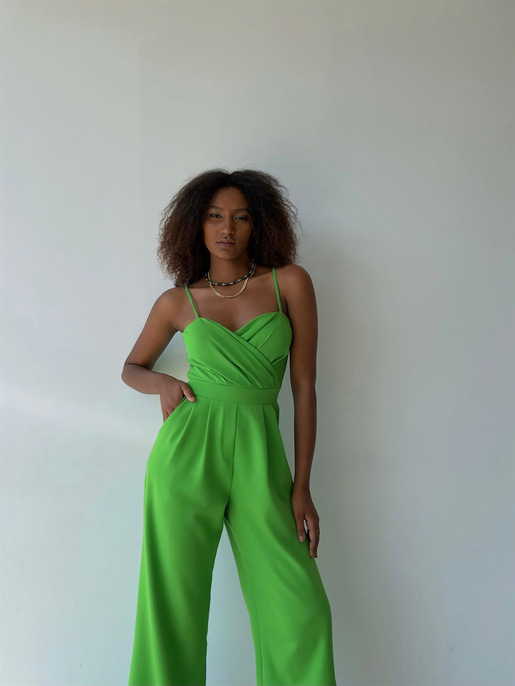 İnce Askılı Kruvaze Yaka Önü Pileli Zama Kadın Yeşil Tulum 22Y000445