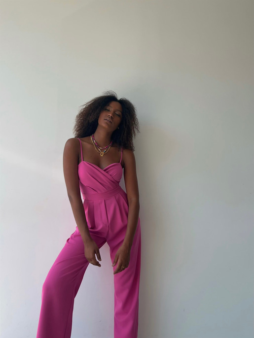 İnce Askılı Kruvaze Yaka Önü Pileli Zama Kadın Fuşya Tulum 22Y000445