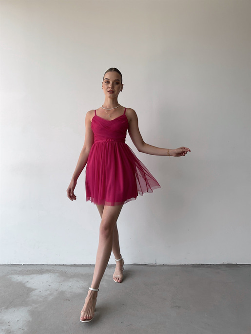 İnce Askılı Mini Boy Astarlı Tül Kumaş Layne Kadın Fuşya Elbise 22Y000256