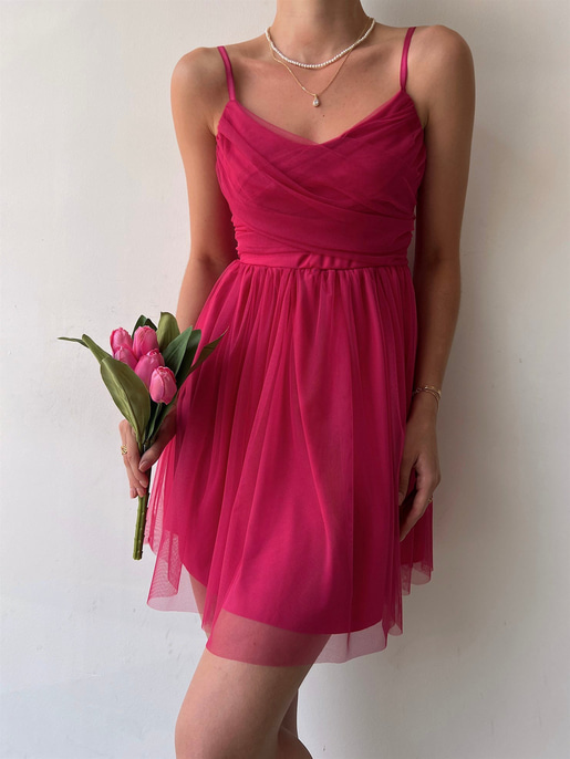 İnce Askılı Mini Boy Astarlı Tül Kumaş Layne Kadın Fuşya Elbise 22Y000256