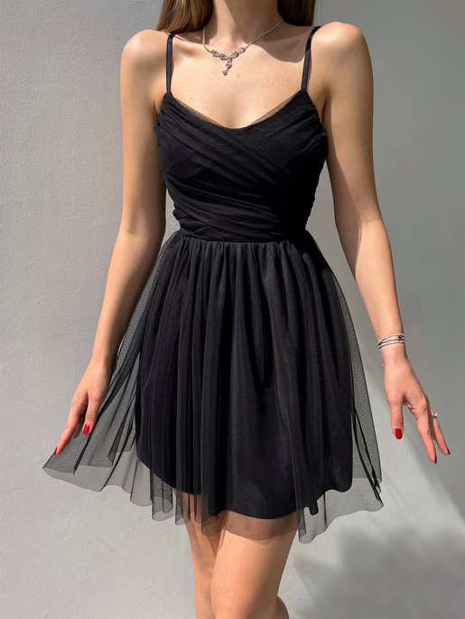 İnce Askılı Mini Boy Astarlı Tül Kumaş Layne Kadın Siyah Elbise 22Y000256